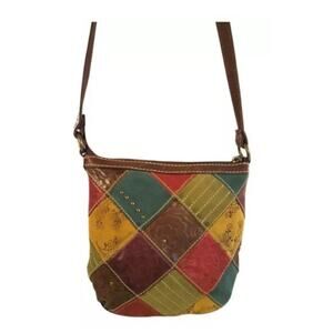 Fossil Multicolor Patches Suede w/ Tooled Floral Crossbody Bag Slingback